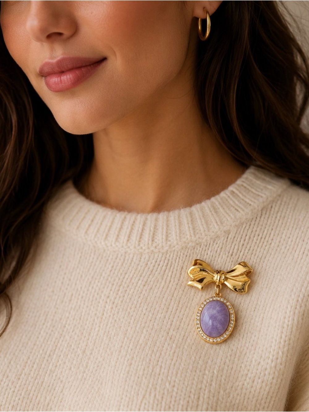 Gold Bow Brooch Lavender Cabochon Dangle Rhinestone Halo Purple Stone Pin Vtg